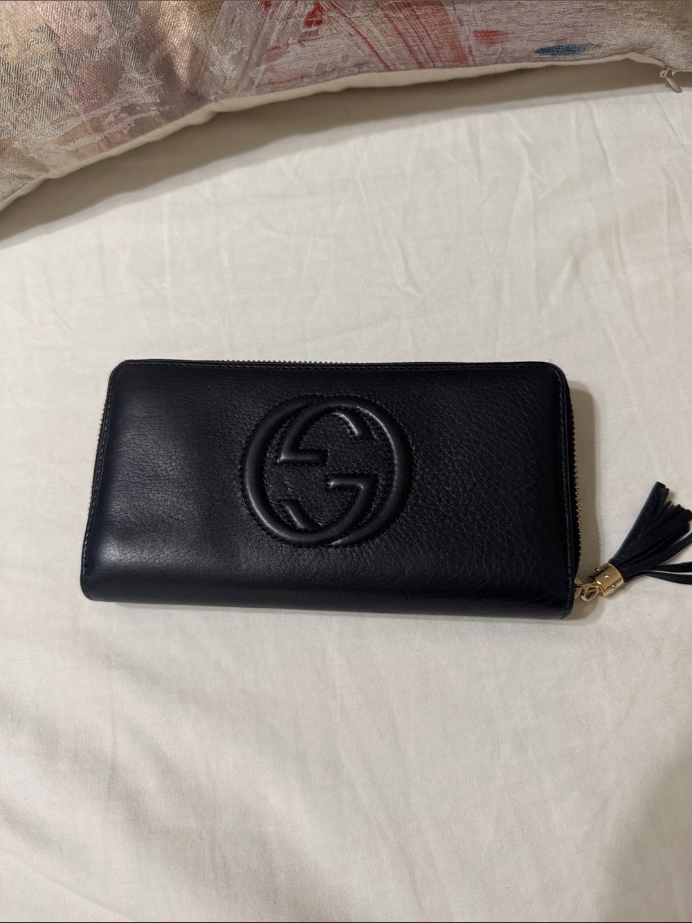 Gucci Black Leather Zip Around Wallet with Tassel